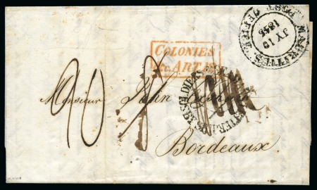 Stamp of Mauritius » Pre-Stamp & Stampless Postal History 1845 (10.7) Entire from Port Louis to France, bearing 'MAURITIUS/POST OFFICE' cds, red boxed 'COLONIES & C.ART 12' and erroneously struck with circular 'SOLDIER & SEAMENS LETTER/4/BY SHIP'