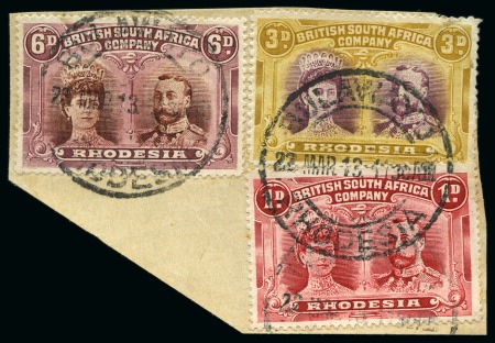 Stamp of Rhodesia  1910-13 Double Heads 6d perf.15 purple-brown and mauve with "Tiara Flaw" variety, used on piece