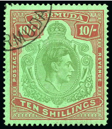 Stamp of Bermuda 1938-53 10s Yellow Green & Carmine on green line perf.14.25 showing "BROKEN LOWER RIGHT SCROLL" variety, used