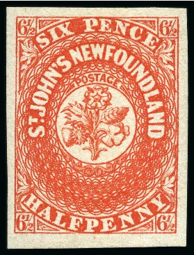 Stamp of Canada » Newfoundland 1857-64 6 1/2d Scarlet-Vermilion unused without gum, good to large margins with excellent colour