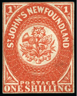 Stamp of Canada » Newfoundland 1857-64 1s Scarlet-Vermilion unused without gum, close to fine margins, very fine and fresh example of this great rarity