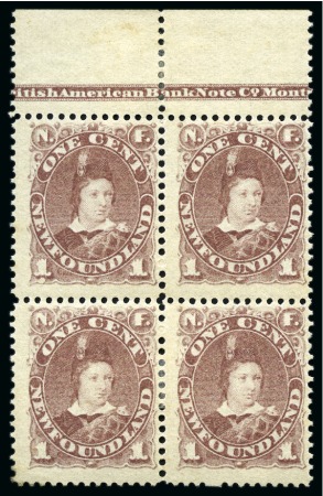 Stamp of Canada » Newfoundland 1880-82 1c Red-Brown mint top marginal imprint block of four with partial British American BankNote Co. imprint