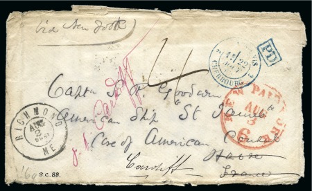 Stamp of Canada » Newfoundland 1869 (Aug 2) S.S. Germania wreck cover envelope from Richmond, Maine, to Le Havre and redirected to Cardiff