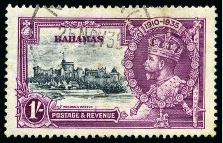 Stamp of Bahamas 1935 Silver Jubilee 1s with variety "dot by flagstaff", Nassau cds