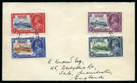 Stamp of Falkland Islands 1935 Silver Jubilee 1s with variety "extra flagstaff" on cover with the other three normal values tied by South Georgia cds