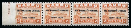 Stamp of Nauru 1935 Silver Jubilee 2d orange strip of 4 left marginal showing imperf between stamp and margin variety