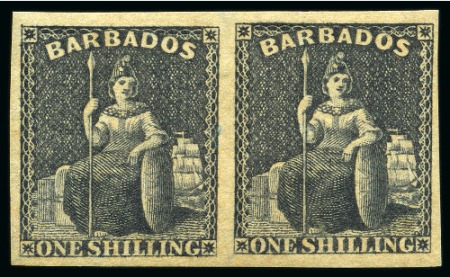 Stamp of Barbados 1858 No Wmk 1s black mint pair, fine (SG £450+)