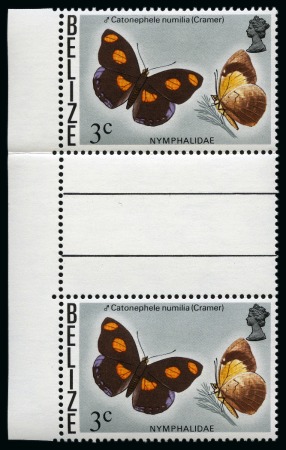 Stamp of British Honduras BELIZE: 1974 Butterflies 3c with variety watermark Crown to right of CA in mint nh left marginal gutter pair