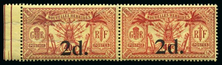 Stamp of New Hebrides 1920-21 2d on 40c mint nh left marginal pair without wmk