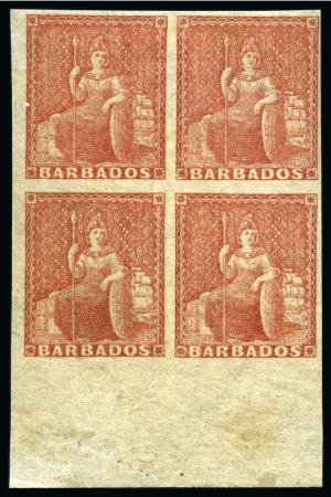 Stamp of Barbados 1861-70 No Watermark (4d) lake-rose, rough perf. 14 to 16, IMPERFORATE lower left corner block of four