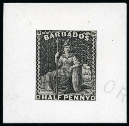 Stamp of Barbados 1874-75 1/2d Die proof in black on India paper, stamp-size and affixed to card