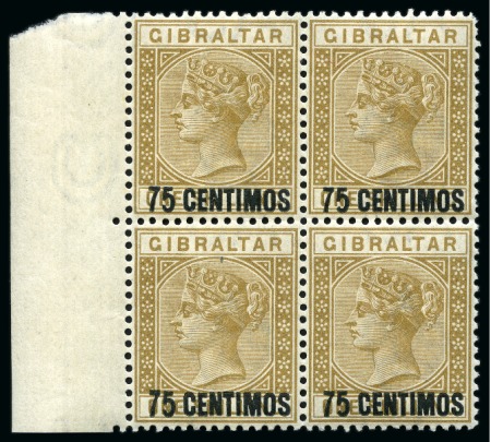 Stamp of Gibraltar 1889 75c on 1s Bistre mint left marginal block of four, the second vertical pair both showing the "5" with short foot variety