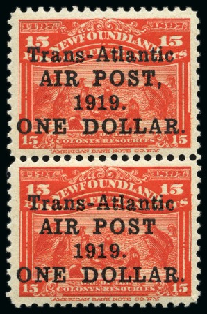 Stamp of Canada » Newfoundland 1919 Trans-Atlantic Air Post $1 on 15c in mint nh vert. pair with lower stamp showing variety "missing comma after AIR POST"