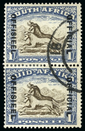 Stamp of South Africa » Union & Republic of South Africa Officials: 1935-49 1s brown & chalky blue vert. se-tenant pair showing variety "diaeresis over second E of OFFISIEEL" on English-text stamp