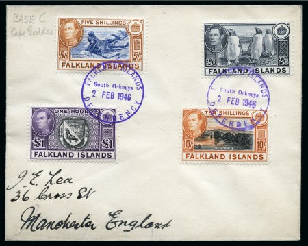 Stamp of Falkland Islands 1938-50 2s6d, 5s, 10s and £1 on cover tied by violet "FALKLAND ISLANDS / South Orkneys / DEPENDENCY" ds