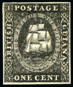 Stamp of British Guiana 1853 1c Plate proof in black on thick paper, faults