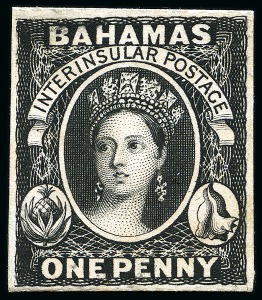 Stamp of Bahamas 1859 1d Plate proof in black on card