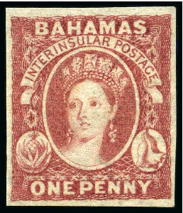 Stamp of Bahamas 1859 1d Brown-Lake plate proof, good margins, mint og
