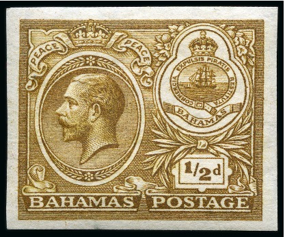 Stamp of Bahamas 1920 Peace 1/2d set of three imperforate colour trials