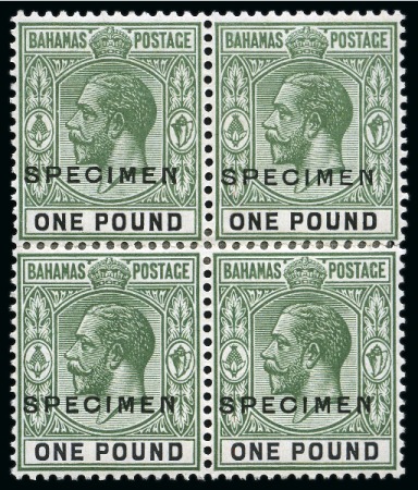 Stamp of Bahamas 1921-37 £1 Green & Black mint with "SPECIMEN" hs in reconstructed block of four