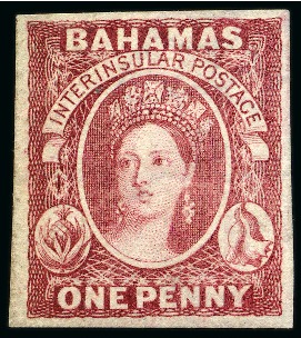 Stamp of Bahamas 1863 Wmk CC 1d imperforate plate proof carmine-lake, watermark inverted