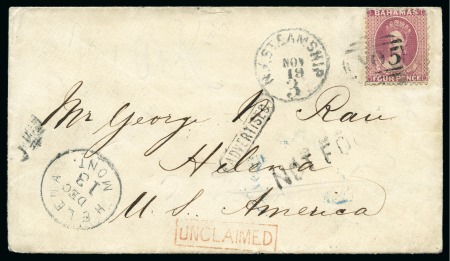 Stamp of Bahamas 1871 (Nov 11) Envelope to the USA with 4d rose perf.12.5 tied by "A05", with "NOT FOUND", "ADVERTISED" and "UNCLAIMED" hs