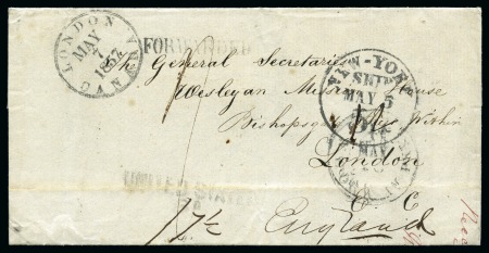 Stamp of Bahamas 1857 (Apr 22) Wesleyan missionary wrapper addressed to London, England but missent to London, Canada