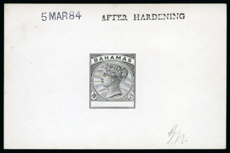 Stamp of Bahamas 1884 Master die proof in black on glazed card (92x60mm), endorsed "AFTER HARDENING" and dated "5 MAR 84"