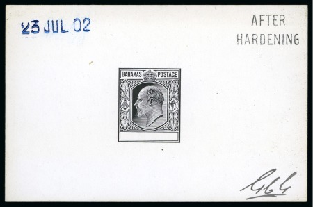 Stamp of Bahamas 1902 Master die proof in black on glazed card (92x60mm), endorsed "AFTER HARDENING" and dated "23 JUL 02"