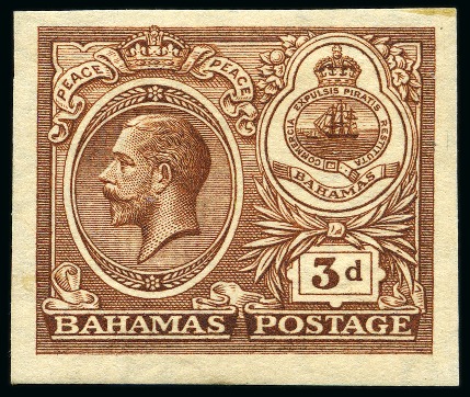 Stamp of Bahamas 1920 Peace 3d imperforate plate proof on gummed wmk paper in issued colour