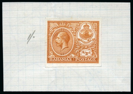 Stamp of Bahamas 1920 Peace 1/2d imperforate plate proof in orange on piece