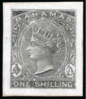 Stamp of Bahamas 1863 1s Die Proof in black on glazed card of the finished design, very fine and scarce