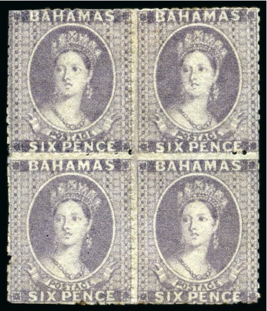Stamp of Bahamas 1862 No Wmk 6d lavender-grey BLOCK OF FOUR, unused, an extraordinarily rare multiple