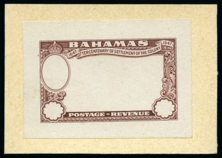 Stamp of Bahamas 1948 Eleuthera die proof of the frame without King's head, in brown on wove paper affixed to card