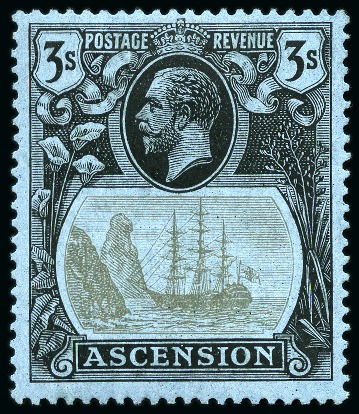 Stamp of Ascension 1924-33 3s Grey-Black & Black on blue mint with variety "broken mainmast"