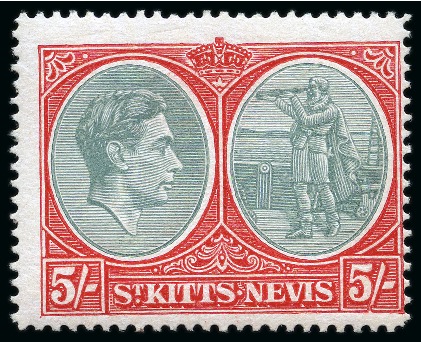 Stamp of St. Kitts-Nevis » St. Kitts-Nevis Crown Colony & Later 1938-50 KGVI 5s Bluish Green and Scarlet (ordinary paper) mint with "break in value table frame" variety