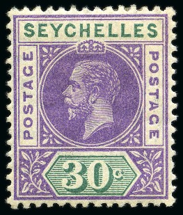 Stamp of Seychelles 1912-16 30c Violet and Green mint with "split A" variety