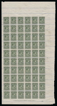 Stamp of Gibraltar 1938-51 KGVI 1/2d Green imperforate printers proof in a part sheet of 60 on no wmk, blue-lined, low quality paper, with printer's imprint and plate no.