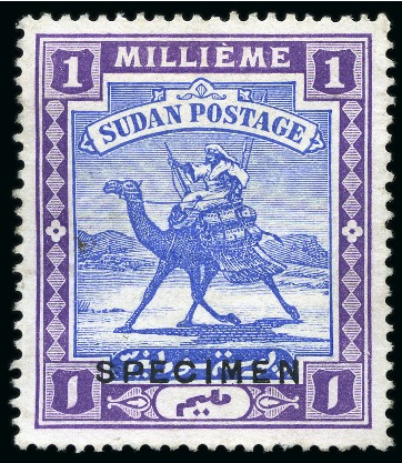 Stamp of Sudan 1908 1m Perforated COLOUR TRIAL in mauve and blue with "SPECIMEN" overprint, no wmk, part og, fine