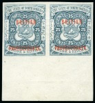 Stamp of North Borneo 1901-05 25c Imperforate plate proof in lower marginal pair, no gum, plus issued 25c in mint block of four