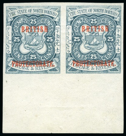 Stamp of North Borneo 1901-05 25c Imperforate plate proof in lower marginal pair, no gum, plus issued 25c in mint block of four