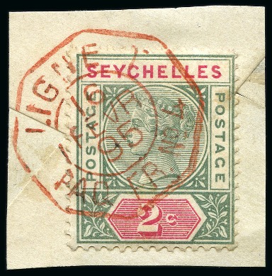 Stamp of Seychelles 1890-92 2c and 8c die 1 tied to separate small pieces by octagonal "Ligne T" French paquebot ds