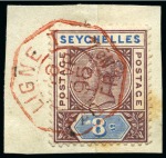 Stamp of Seychelles 1890-92 2c and 8c die 1 tied to separate small pieces by octagonal "Ligne T" French paquebot ds