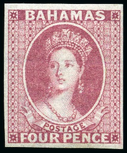 Stamp of Bahamas 1863-77 4d Imperforate proof in bright rose, wmk crown CC on gummed paper