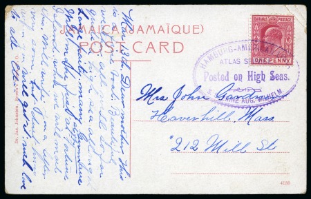 Stamp of Bahamas 1903ca Picture postcard with 1902-03 KEVII 1d carmine tied by oval "HAMBURG-AMERICAN-LINE / ATLAS SERVICE / Posted on High Seas / S.S.PRINZ AUG.WILHELM." cachet