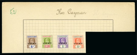 Stamp of Cayman Islands 1907 Wmk Multi CA set of four affixed to part of ledger sheet each overprinted "SPECIMEN" type D12, with the 1s and 5s each showing "slotted frame" variety