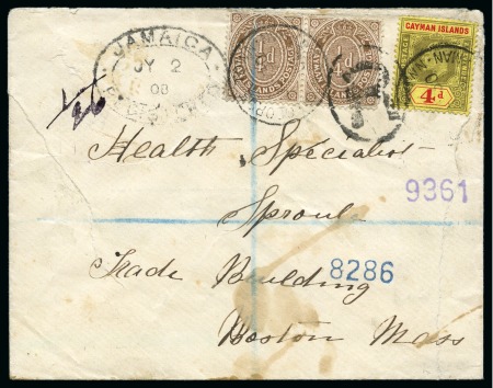 Stamp of Cayman Islands 1908 (Jun 30) Envelope sent registered to the USA on the FIRST DAY OF ISSUE of the 1/4d