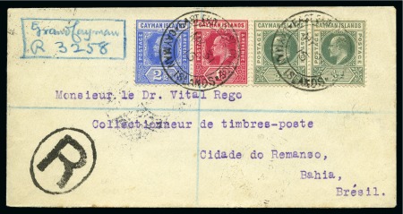 Stamp of Cayman Islands 1915 Envelope sent registered to Brazil with KEVII 1/2d pair, 1d and KGV 2 1/2d cancelled by two very fine strikes of East End type 2 cds