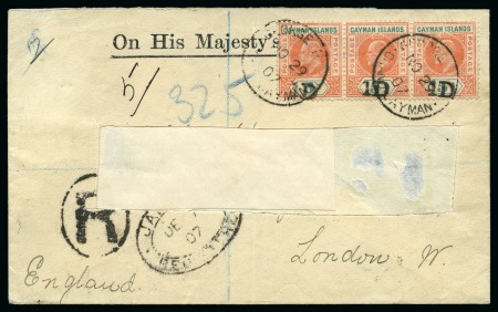 Stamp of Cayman Islands 1907 (Nov 29) OHMS cover sent registered to the UK bearing a strip of three of the 1907 1d on 5s provisional tied by George Town NO 29 cds