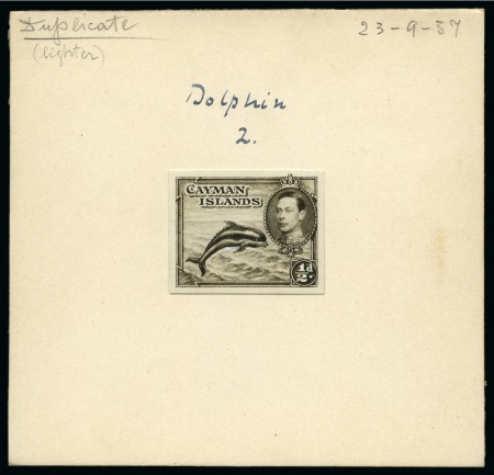 Stamp of Cayman Islands 1937 Photographic essay of the 1/2d leaping Dolphin (unissued design) affixed to card